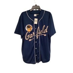 Garfield Baseball Jersey Mens Medium Navy Blue Button Front Mesh Shirt NWT
